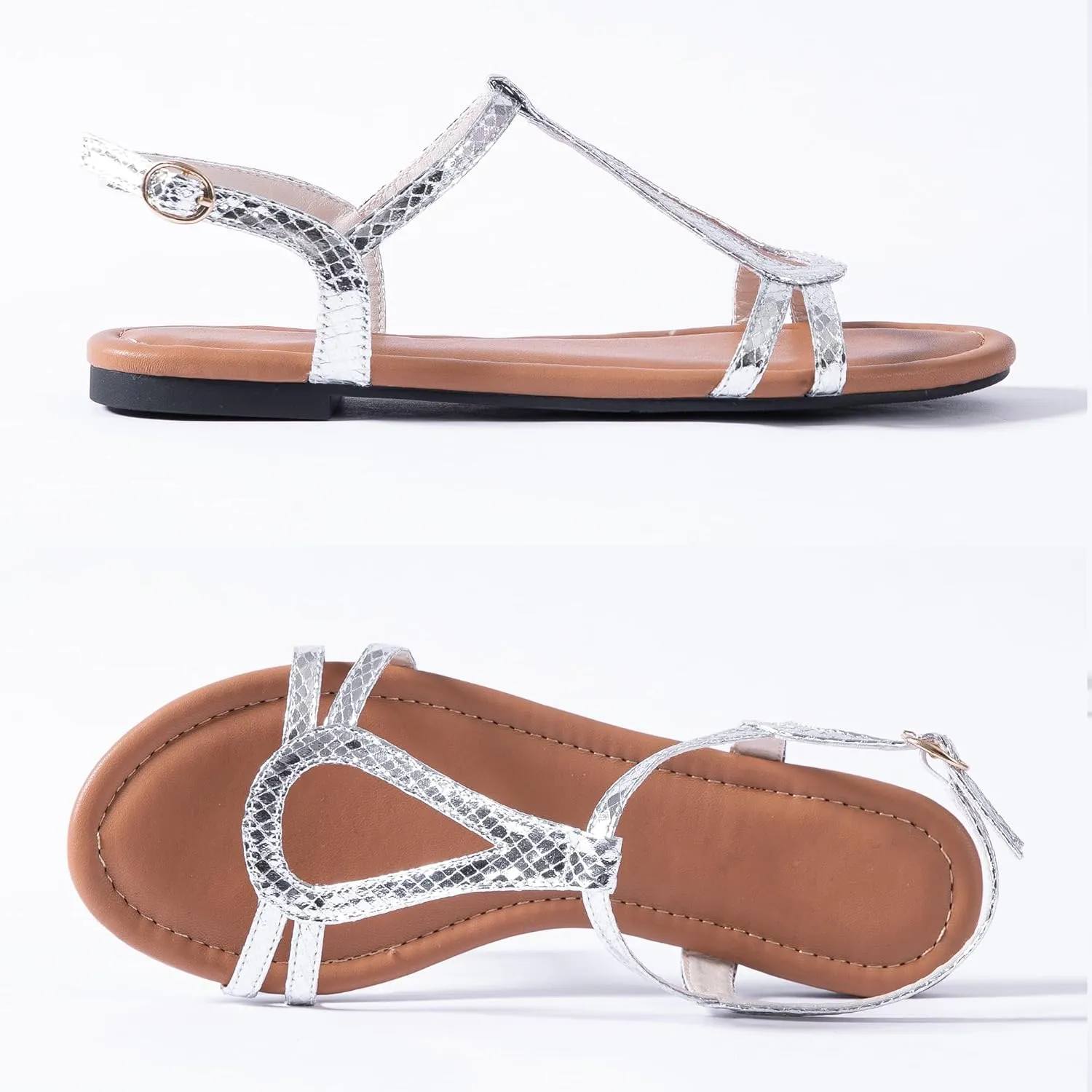 Mtzyoa Women Strappy Flat Sandals Gladiator Dressy Ankle Strap Summer Vacation Comfort Leather Ladies Casual Party Trendy