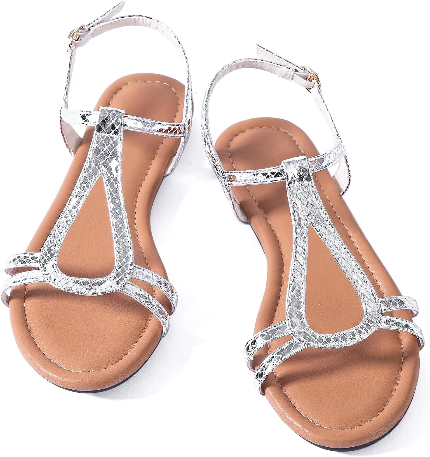 Mtzyoa Women Strappy Flat Sandals Gladiator Dressy Ankle Strap Summer Vacation Comfort Leather Ladies Casual Party Trendy