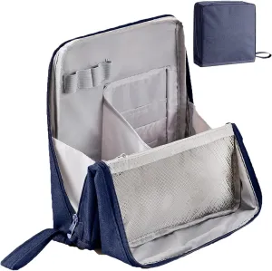 Multi-purpose Large Capacity Oxford Cloth Standing Makeup Bag, Waterproof Makeup Organizer Bag with Compartments, Portable Toiletry Bag for Makeup Brushes for Travel or Home Use (Navy blue)