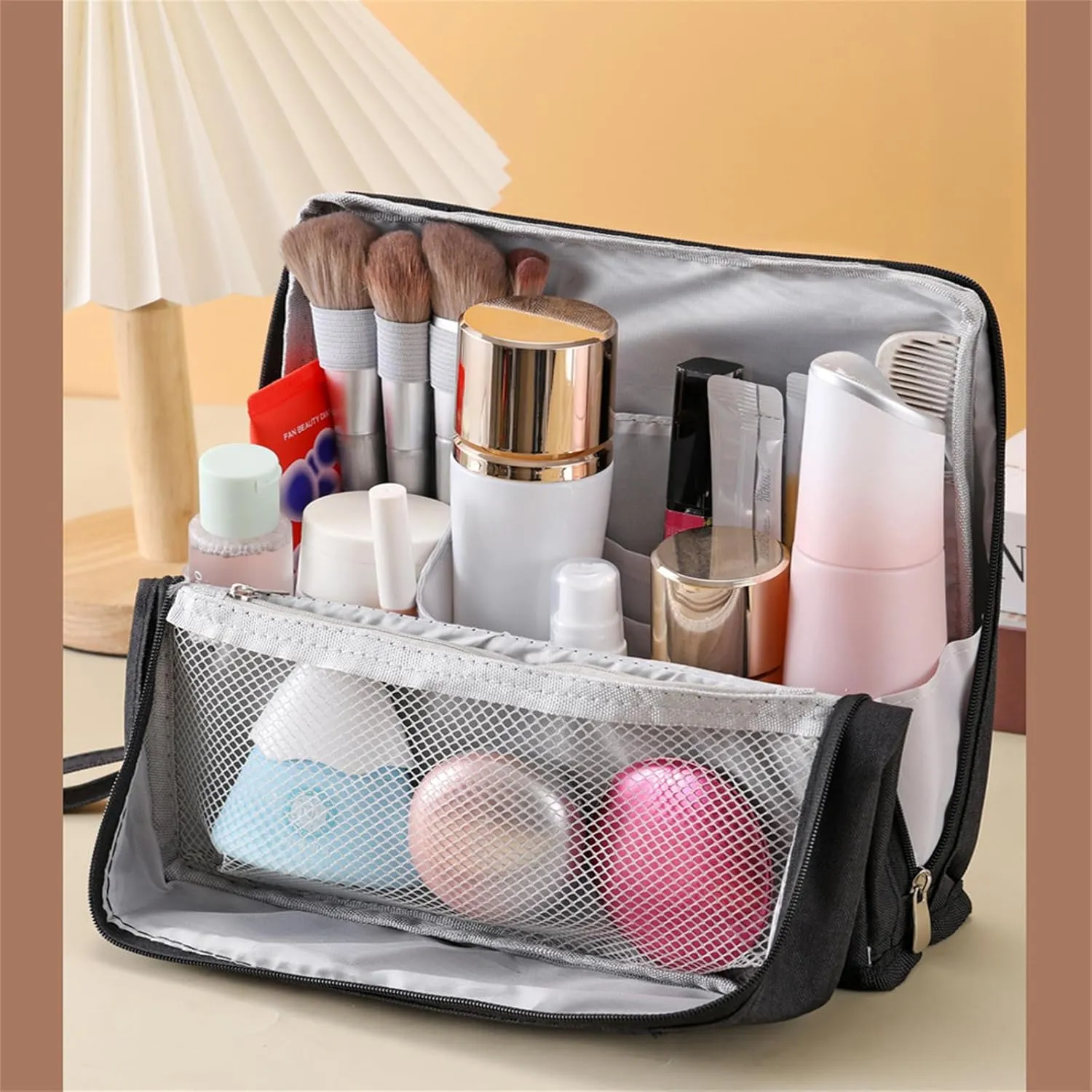 Multi-purpose Large Capacity Oxford Cloth Standing Makeup Bag, Waterproof Makeup Organizer Bag with Compartments, Portable Toiletry Bag for Makeup Brushes for Travel or Home Use (Navy blue)