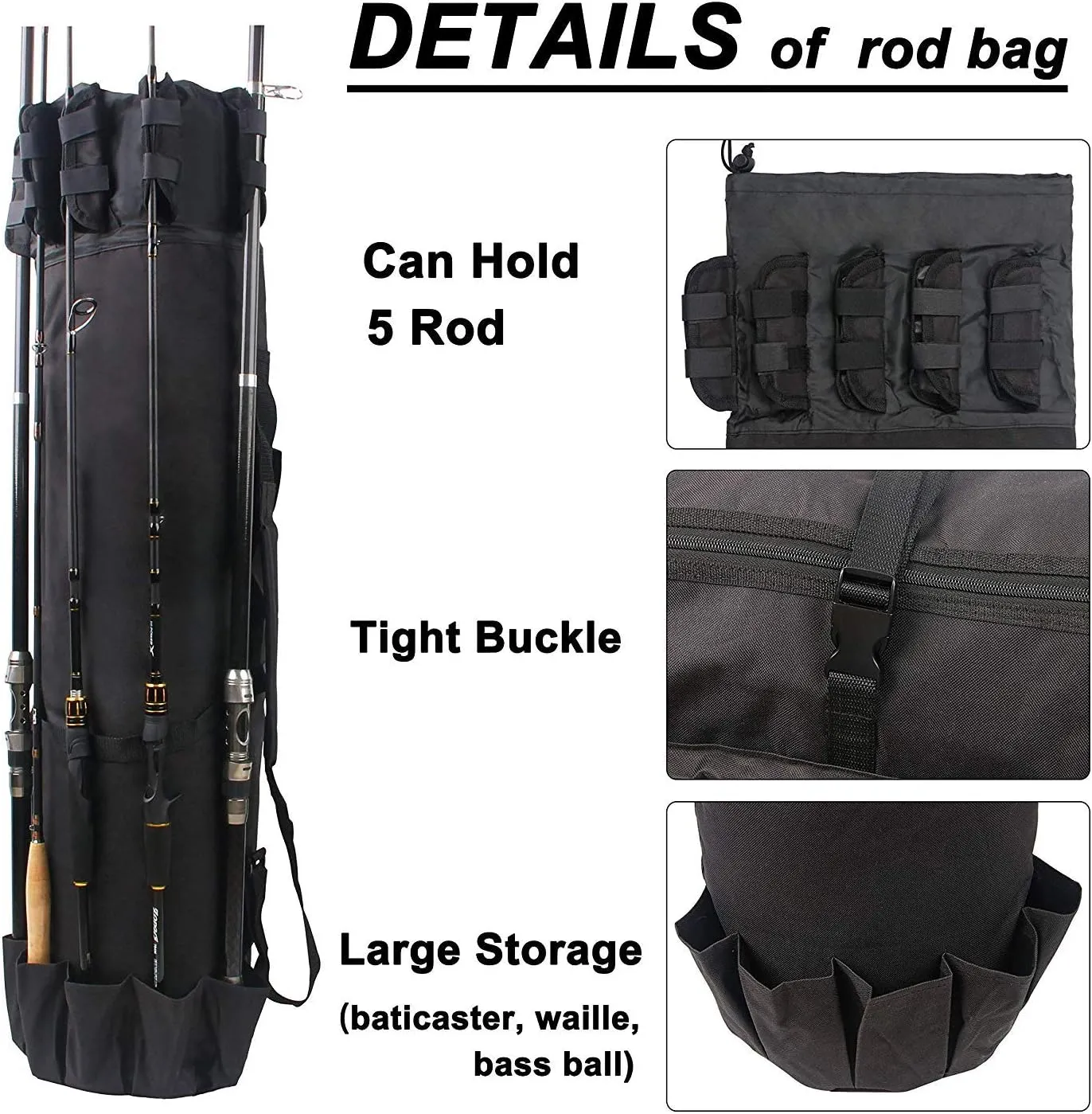 Multifunction Fishing Pole Bag - Waterproof Rod Reel Bag Carrier Case, Durable Canvas Tackle Large Storage Gift for Men Travel, Black