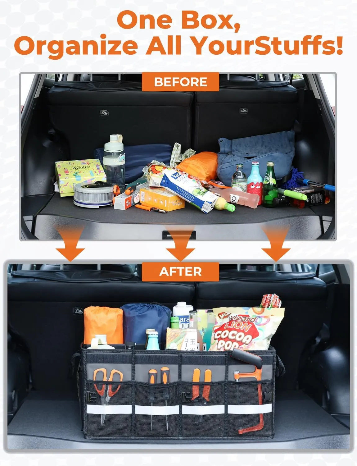 Oasser Car Trunk Organizer Collapsible Multi Compartments SUV Trunk Organizer with Reflective Strip Foldable Cover (Standard, Grey)