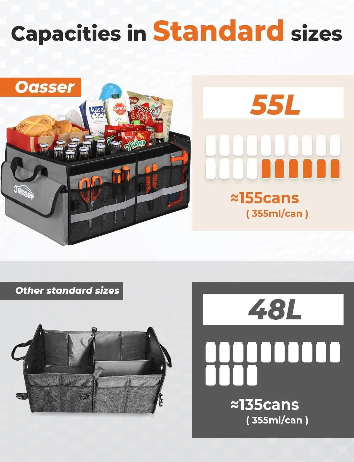 Oasser Car Trunk Organizer Collapsible Multi Compartments SUV Trunk Organizer with Reflective Strip Foldable Cover (Standard, Grey)