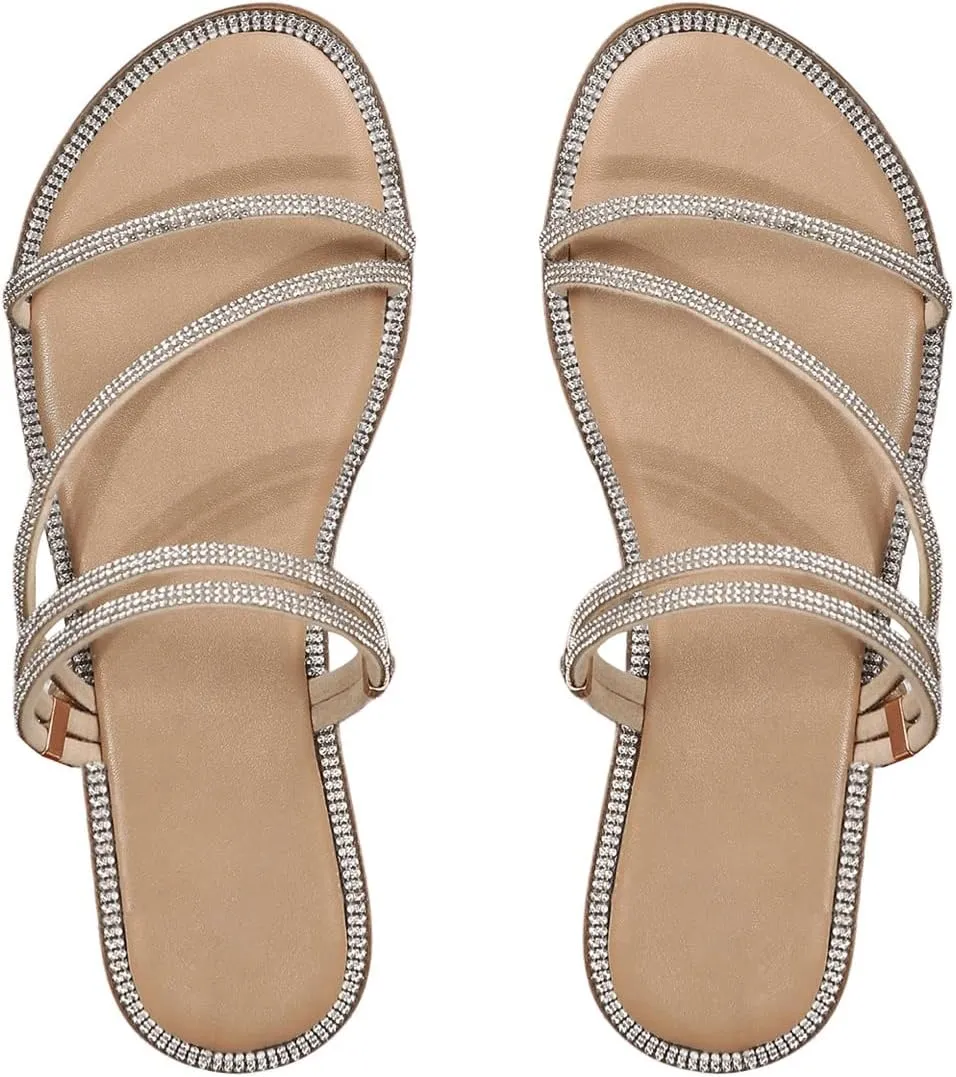 OYOANGLE Women's Rhinestone Flat Sandals Fashion Slides Open Toe Slide Casual Slippers