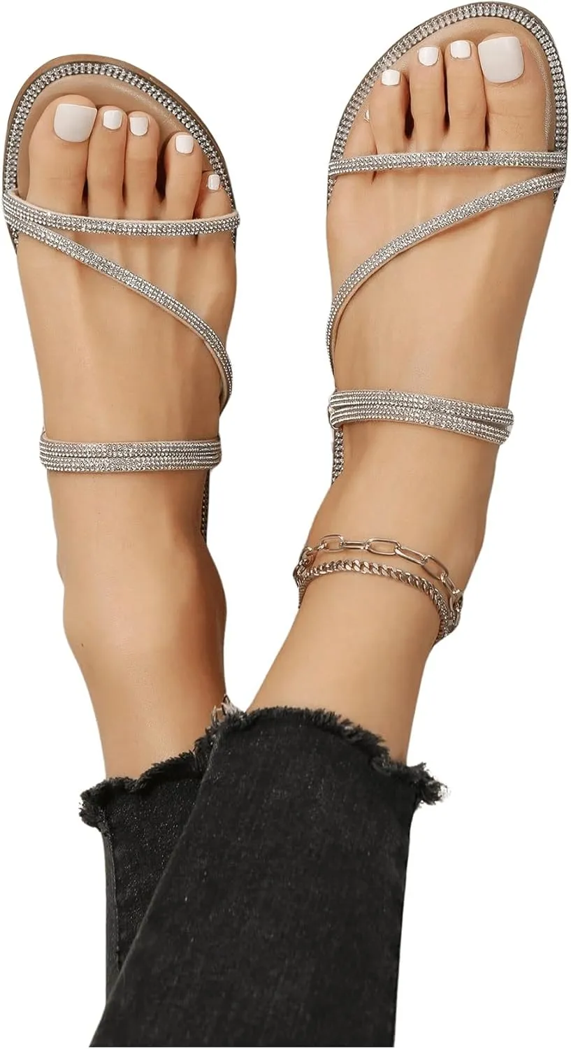 OYOANGLE Women's Rhinestone Flat Sandals Fashion Slides Open Toe Slide Casual Slippers