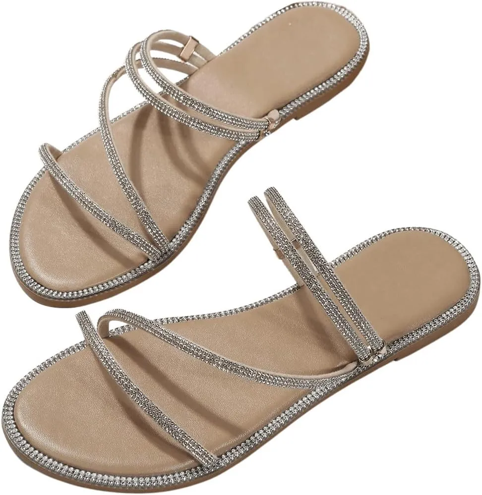 OYOANGLE Women's Rhinestone Flat Sandals Fashion Slides Open Toe Slide Casual Slippers