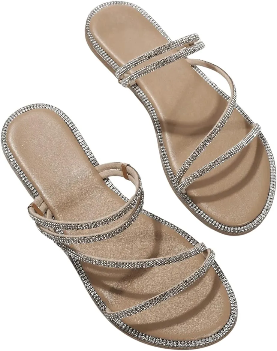 OYOANGLE Women's Rhinestone Flat Sandals Fashion Slides Open Toe Slide Casual Slippers