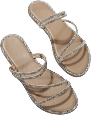 OYOANGLE Women's Rhinestone Flat Sandals Fashion Slides Open Toe Slide Casual Slippers