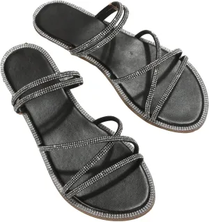 OYOANGLE Women's Rhinestone Strappy Open Toe Slide Sandals Slip on Casual Flat Sandals