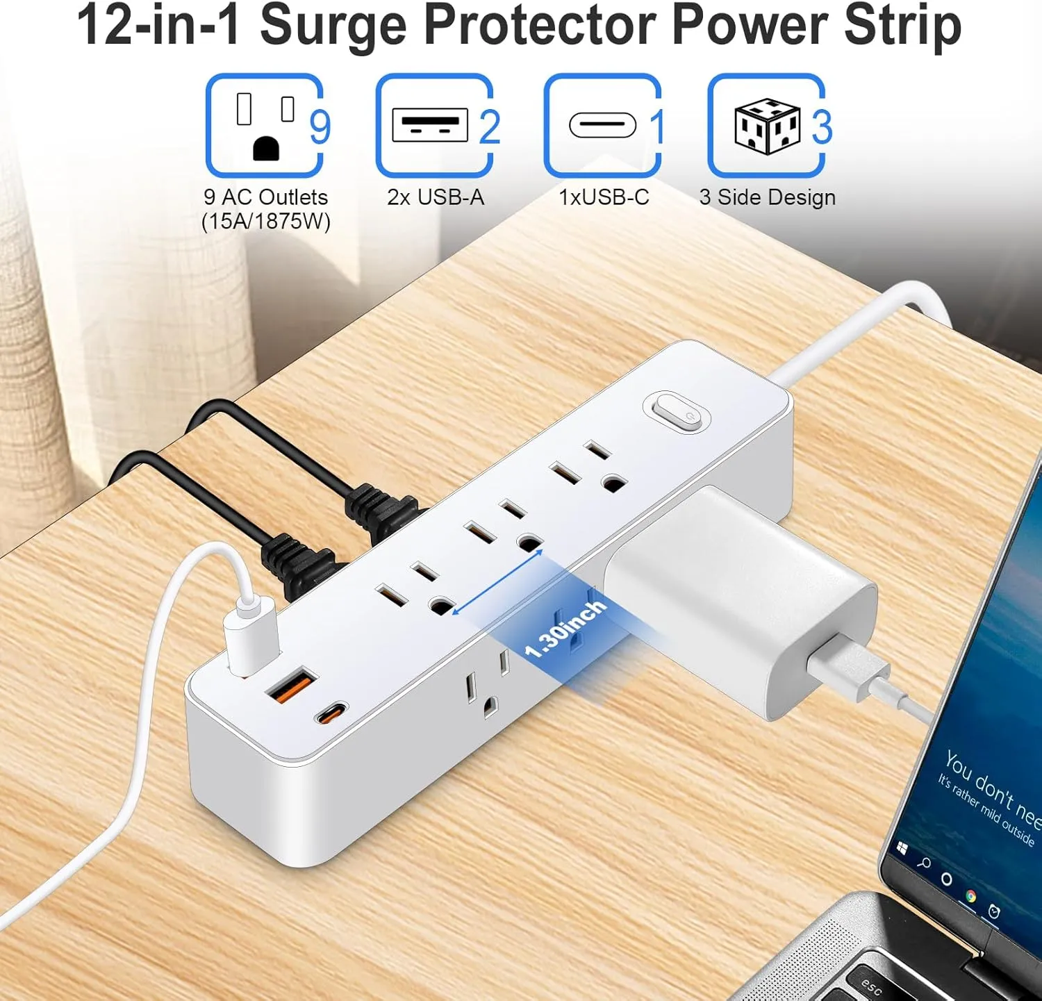 Power Strip Surge Protector, 12-in-1 Power Bar with Multiple Outlets, 9 Outlet 3 USB Ports, Flat Plug Power Strip Surge Protector (4FT)