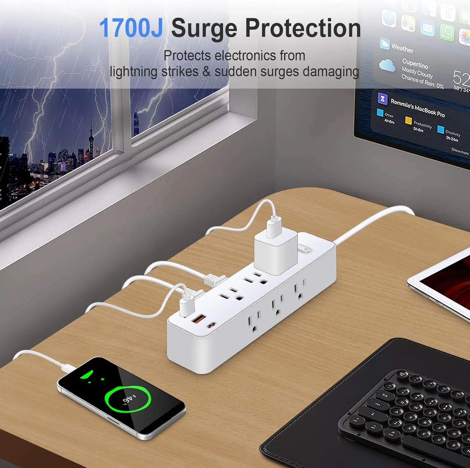 Power Strip Surge Protector, 12-in-1 Power Bar with Multiple Outlets, 9 Outlet 3 USB Ports, Flat Plug Power Strip Surge Protector (4FT)