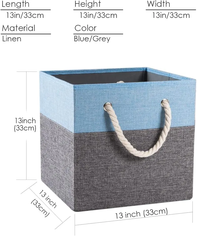 PRANDOM Large Foldable Cube Storage Bins 13x13 inch [2-Pack] Fabric Linen Storage Baskets Cubes Drawer with Cotton Handles Organizer for Shelves Nursery Closet Bedroom Blue