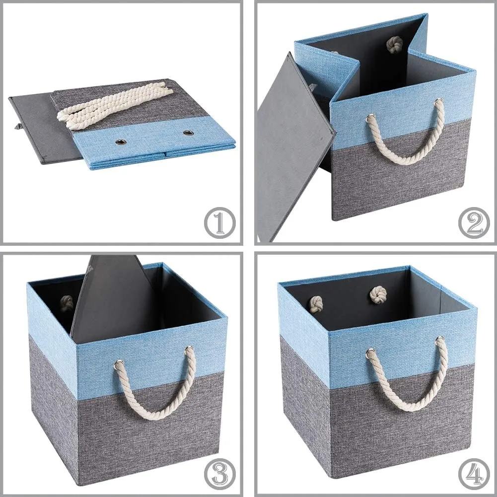 PRANDOM Large Foldable Cube Storage Bins 13x13 inch [2-Pack] Fabric Linen Storage Baskets Cubes Drawer with Cotton Handles Organizer for Shelves Nursery Closet Bedroom Blue