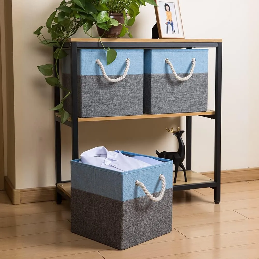 PRANDOM Large Foldable Cube Storage Bins 13x13 inch [2-Pack] Fabric Linen Storage Baskets Cubes Drawer with Cotton Handles Organizer for Shelves Nursery Closet Bedroom Blue