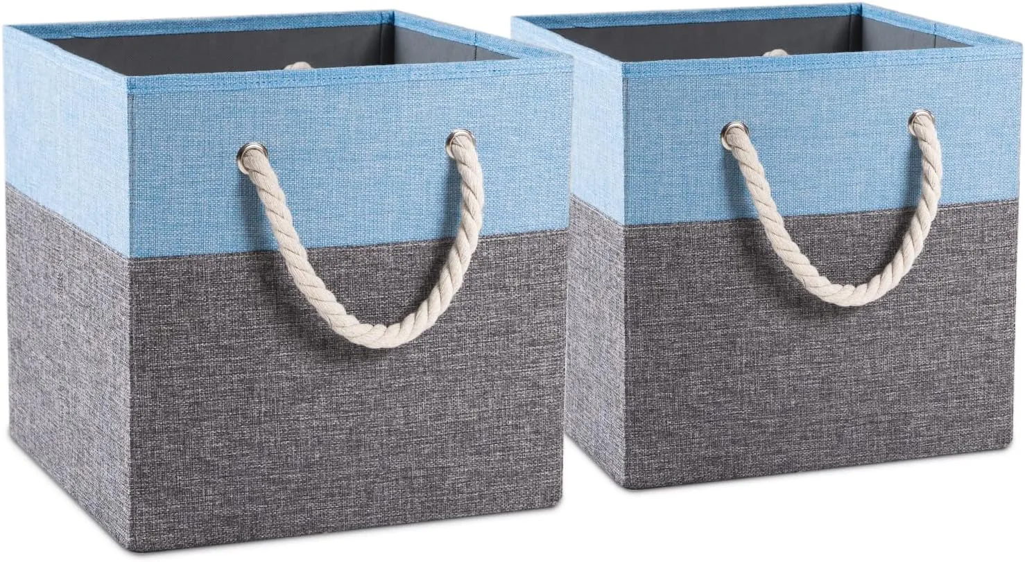PRANDOM Large Foldable Cube Storage Bins 13x13 inch [2-Pack] Fabric Linen Storage Baskets Cubes Drawer with Cotton Handles Organizer for Shelves Nursery Closet Bedroom Blue