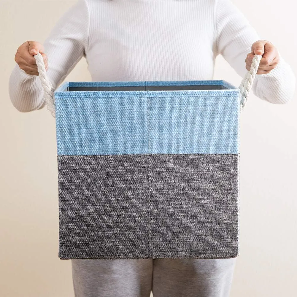 PRANDOM Large Foldable Cube Storage Bins 13x13 inch [2-Pack] Fabric Linen Storage Baskets Cubes Drawer with Cotton Handles Organizer for Shelves Nursery Closet Bedroom Blue
