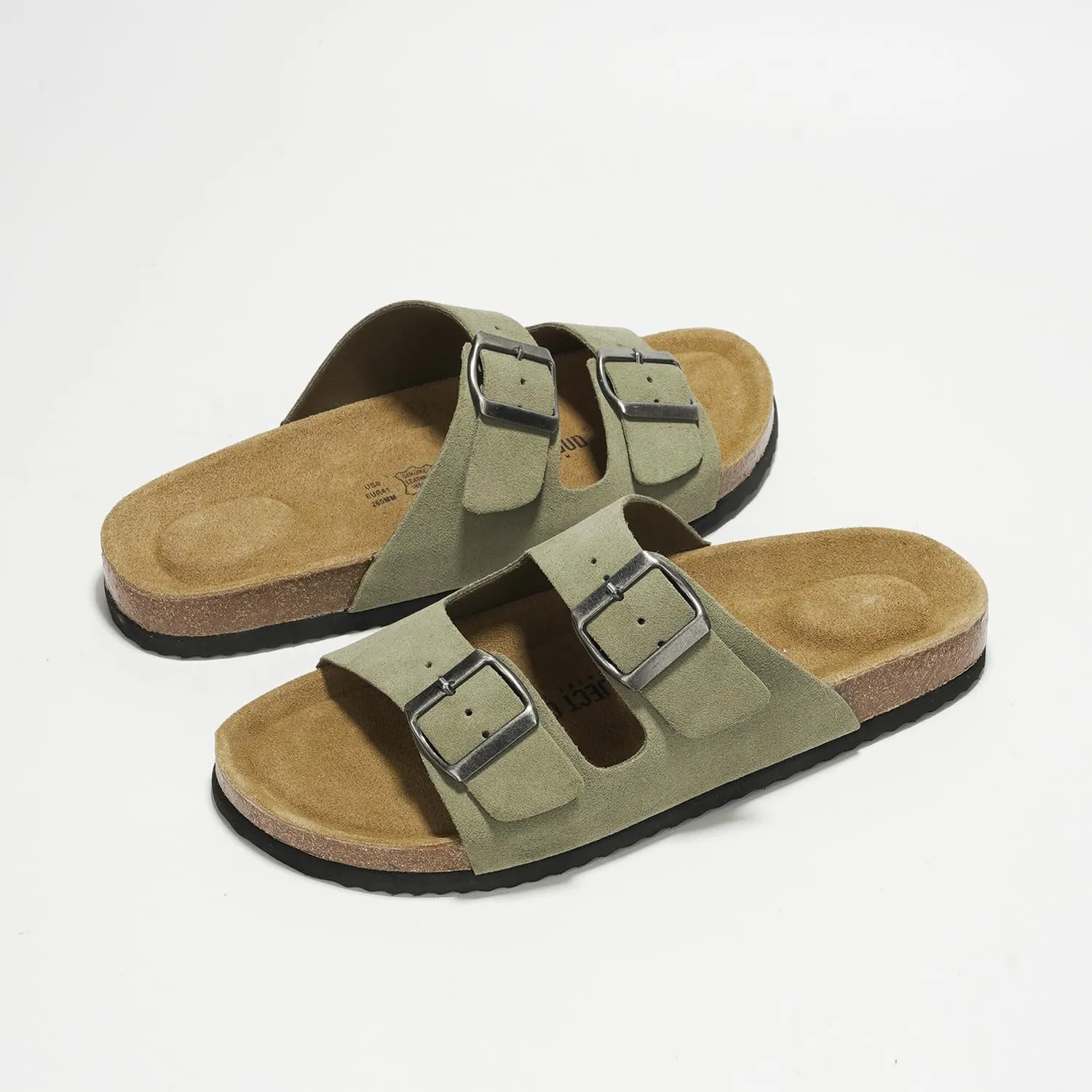 Project Cloud Genuine Leather Mens Sandals with Memory Foam Natural Cork Footbed Slides for Men Footwear - Non-Slip Double-Strap Buckle Summer Sandals (Arizona)