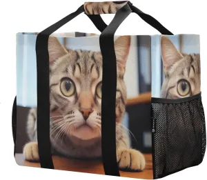 Reusable Grocery Bags Foldable Curious Cat Shopping Bags, Heavy Duty Grocery Bags with Reinforced Bottom & Handles
