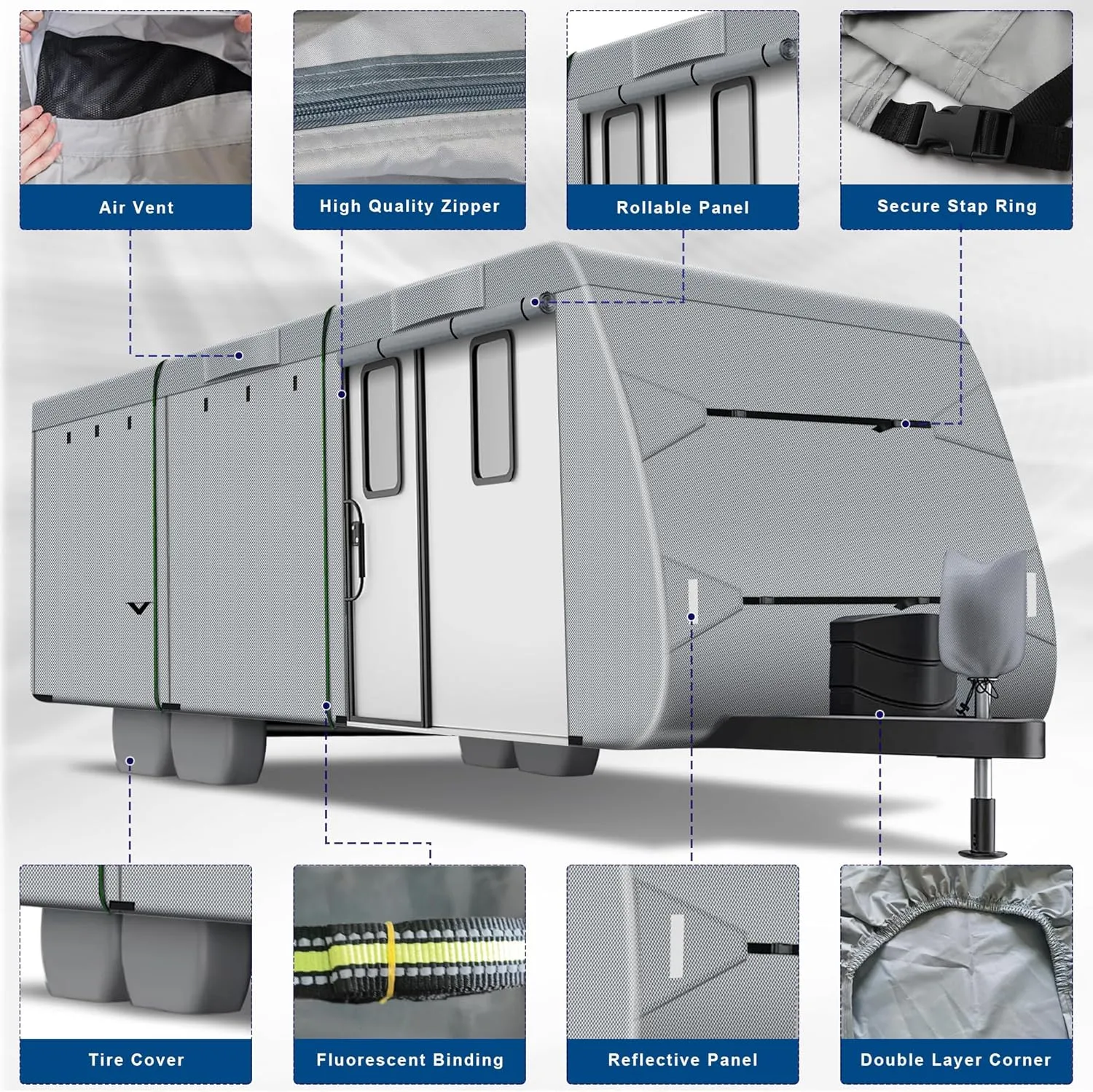 Richeer 300D Travel Trailer RV Cover, 30'-33' Wind Watertight Rip-Stop UV Resistant Travel Trailer Camping Vehicle Cover with Storage Bag Jack Cover Tire Cover Reflective Tape, Dark Grey