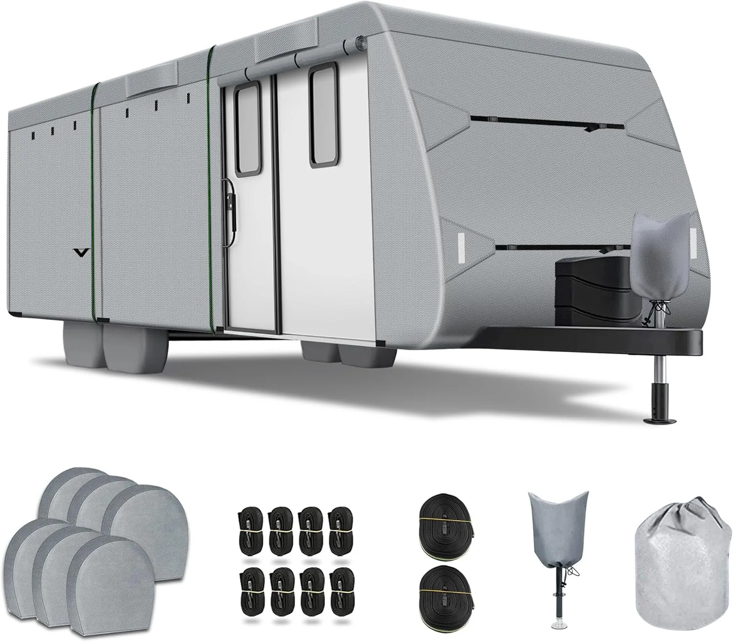 Richeer 300D Travel Trailer RV Cover, 30'-33' Wind Watertight Rip-Stop UV Resistant Travel Trailer Camping Vehicle Cover with Storage Bag Jack Cover Tire Cover Reflective Tape, Dark Grey