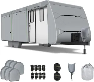 Richeer 300D Travel Trailer RV Cover, 30'-33' Wind Watertight Rip-Stop UV Resistant Travel Trailer Camping Vehicle Cover with Storage Bag Jack Cover Tire Cover Reflective Tape, Dark Grey