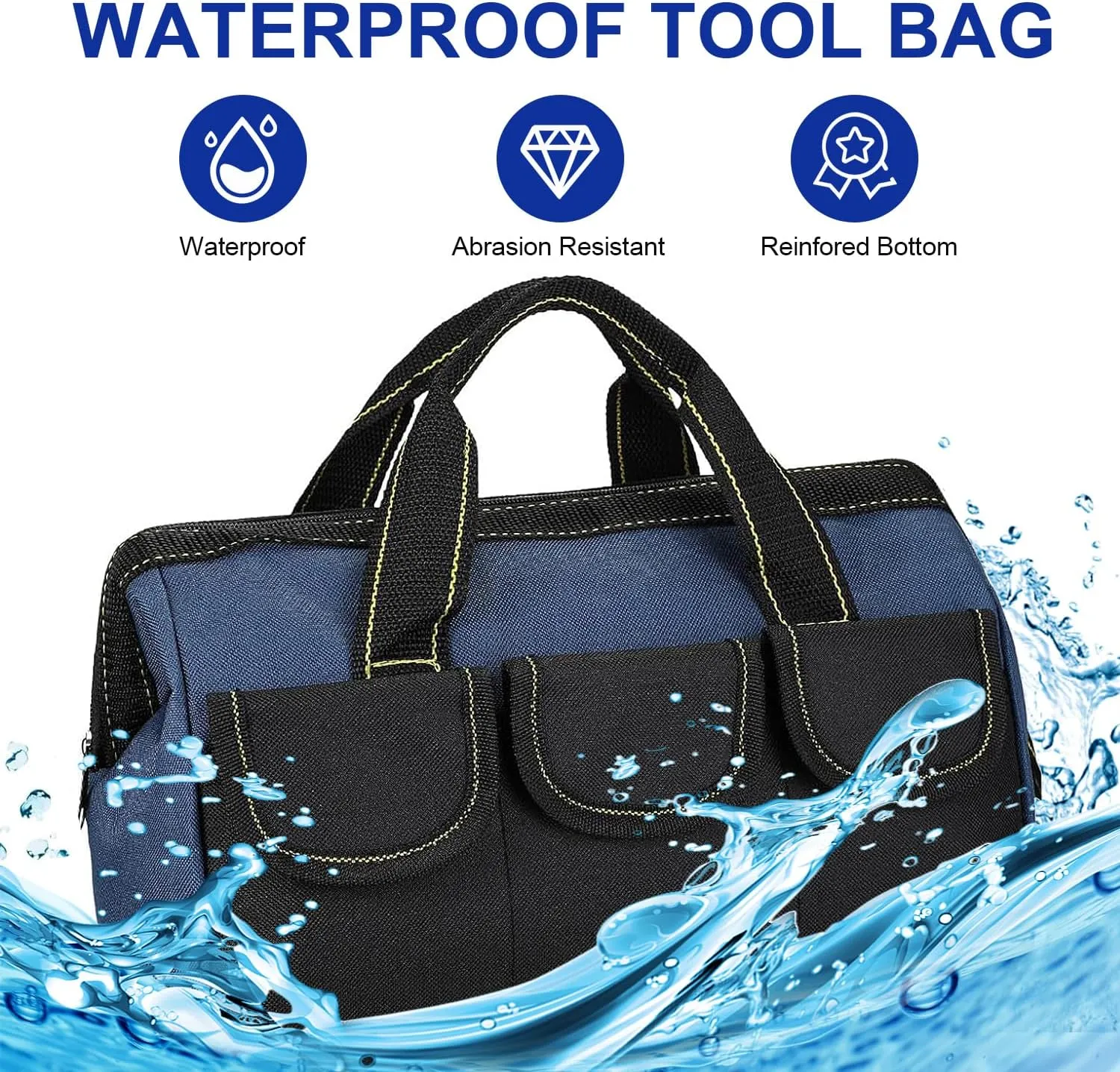 Rugged 16-Inch Wide Mouth Tool Bag for Professionals, Waterproof and Durable. Great for Construction Electricians Carpentry and DIY Enthusiasts, Blue