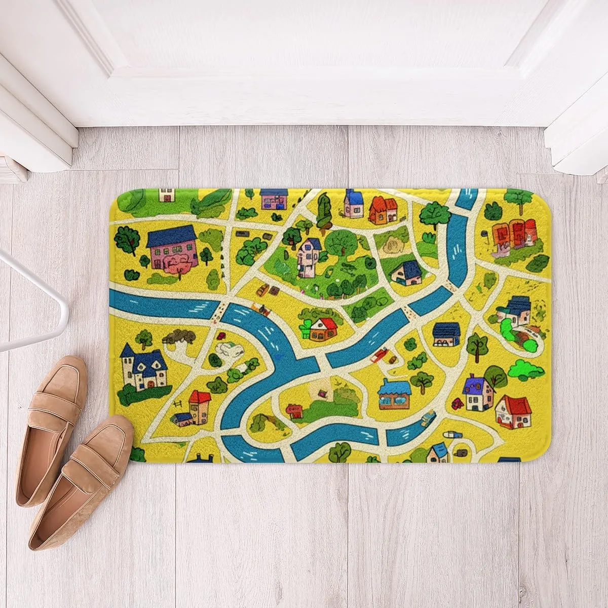 Rustic Countryside Shaggy Absorbent Floor Mat Suburb House Tree River Hand Graffiti Non Slip Bath Mat Yellow Nature Roadway Landscape Microfiber Bathroom Rugs for Bathroom Floor 20"x32"