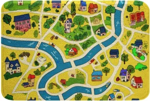 Rustic Countryside Shaggy Absorbent Floor Mat Suburb House Tree River Hand Graffiti Non Slip Bath Mat Yellow Nature Roadway Landscape Microfiber Bathroom Rugs for Bathroom Floor 20"x32"
