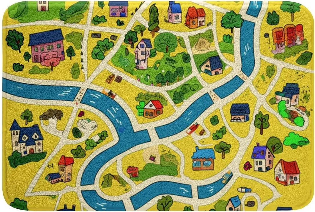 Rustic Countryside Shaggy Absorbent Floor Mat Suburb House Tree River Hand Graffiti Non Slip Bath Mat Yellow Nature Roadway Landscape Microfiber Bathroom Rugs for Bathroom Floor 20"x32"