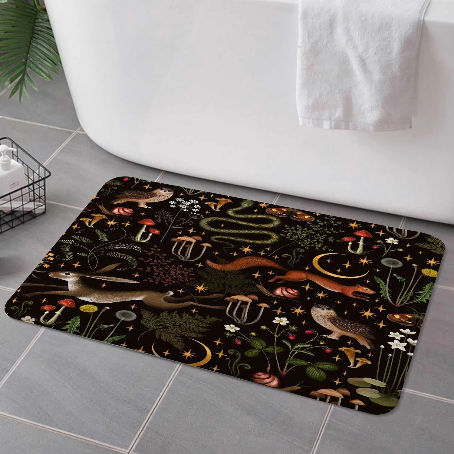 Rustic Fairy Forest Bath Rugs for Bathroom, Country Hunting Woodland Wild Animals Owl Butterfly Mushroom Cabin Lodge Non Slip Flannel Bathroom Rug, Dry Fast Water Absorbent Bath Mats, 17x29 Inch