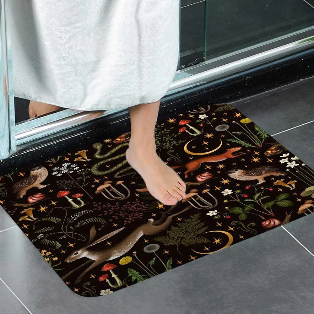 Rustic Fairy Forest Bath Rugs for Bathroom, Country Hunting Woodland Wild Animals Owl Butterfly Mushroom Cabin Lodge Non Slip Flannel Bathroom Rug, Dry Fast Water Absorbent Bath Mats, 17x29 Inch