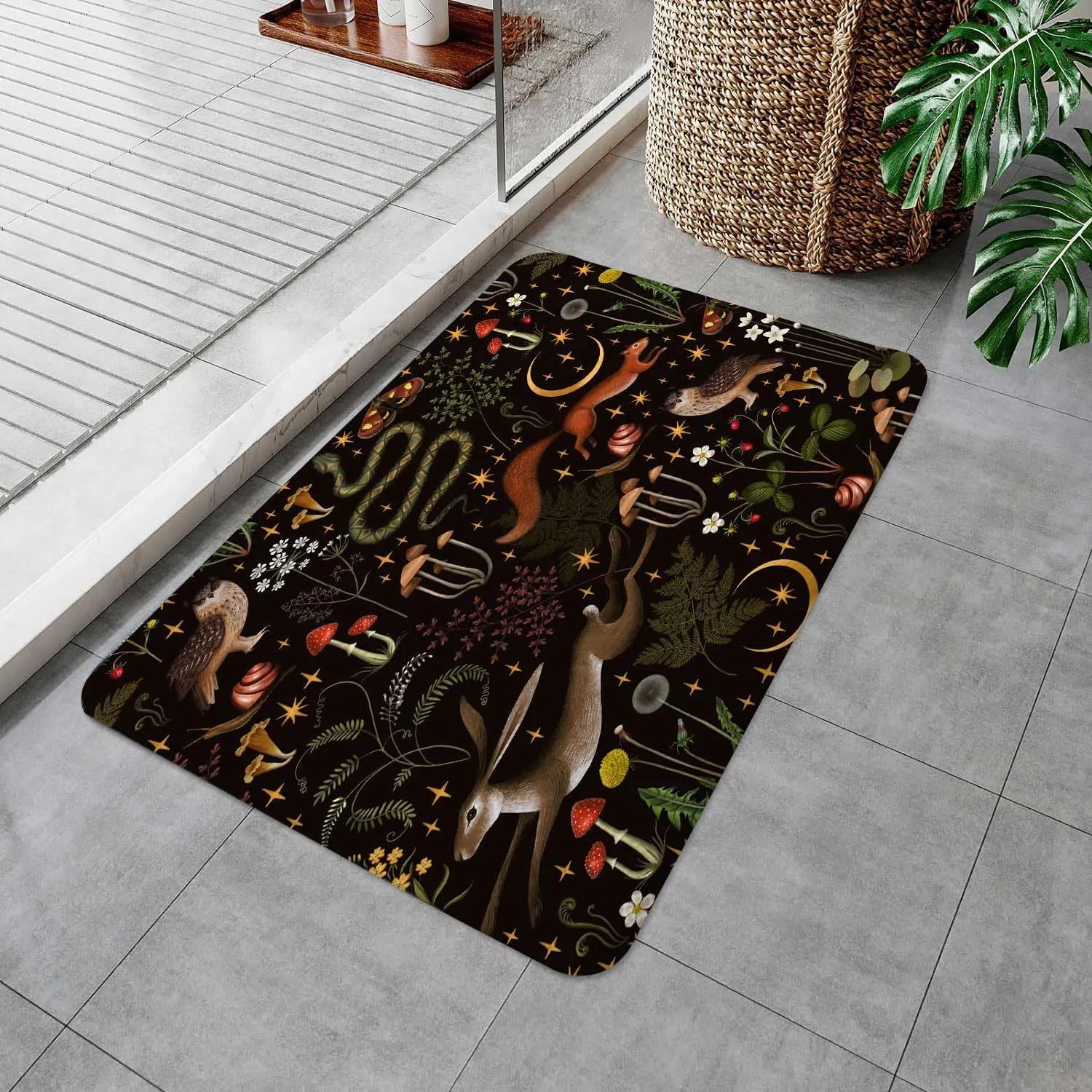 Rustic Fairy Forest Bath Rugs for Bathroom, Country Hunting Woodland Wild Animals Owl Butterfly Mushroom Cabin Lodge Non Slip Flannel Bathroom Rug, Dry Fast Water Absorbent Bath Mats, 17x29 Inch