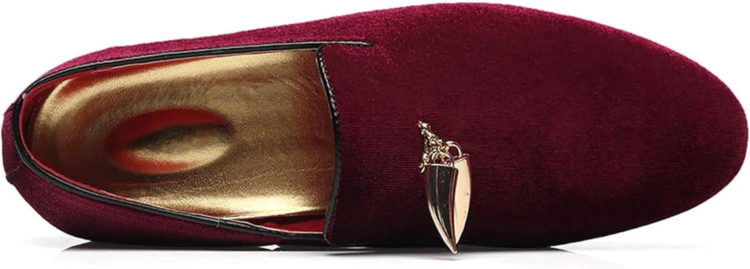 Santimon Loafers Shoes Men Fashion Slip on Metal Fringed Round Toe Velvet Smoking Slipper Moccasins Driving Shoes Black Blue Red