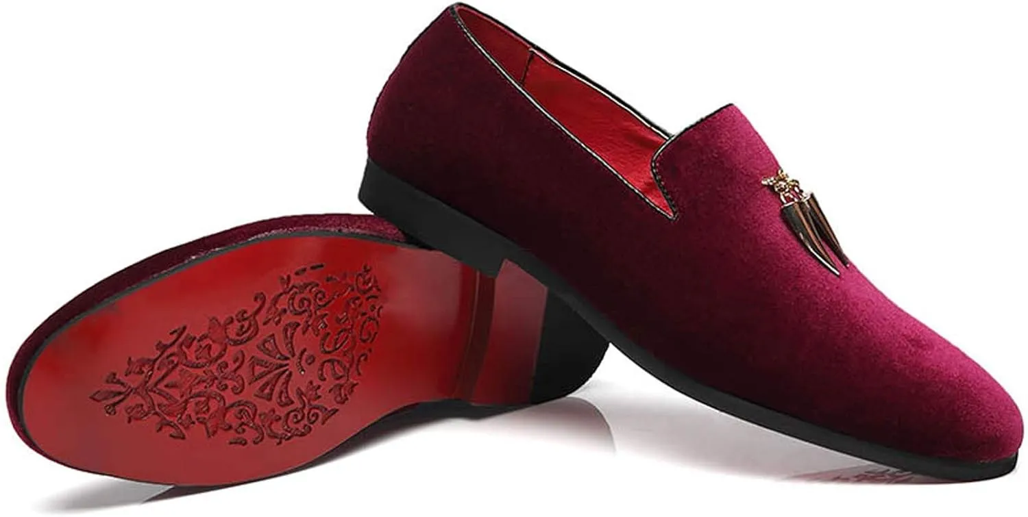 Santimon Loafers Shoes Men Fashion Slip on Metal Fringed Round Toe Velvet Smoking Slipper Moccasins Driving Shoes Black Blue Red