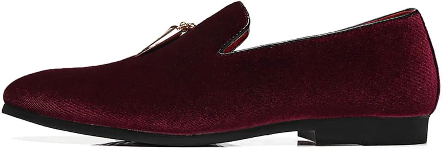 Santimon Loafers Shoes Men Fashion Slip on Metal Fringed Round Toe Velvet Smoking Slipper Moccasins Driving Shoes Black Blue Red