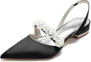 Satin Pearls Wedding Shoes for Bride Flat Pointed Toe Women Slingback Flats