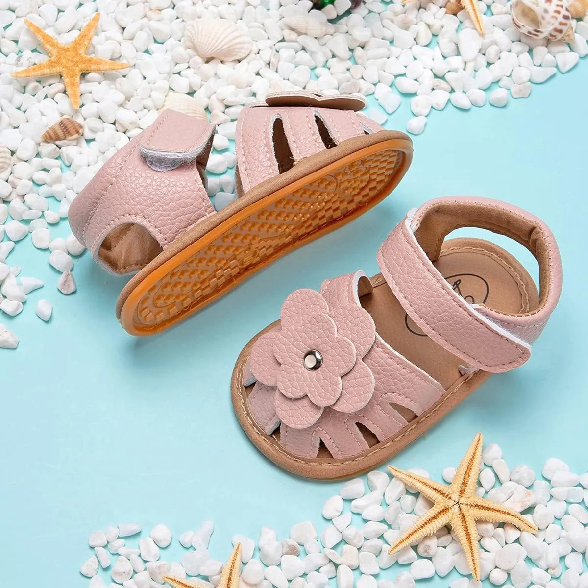 Sawimlgy Baby Girls Boys Sandals Summer Flowers Shoe Rubber Sole PU Leather Mesh Infant Toddler First Walkers Princess Dress Outdoor Shoes