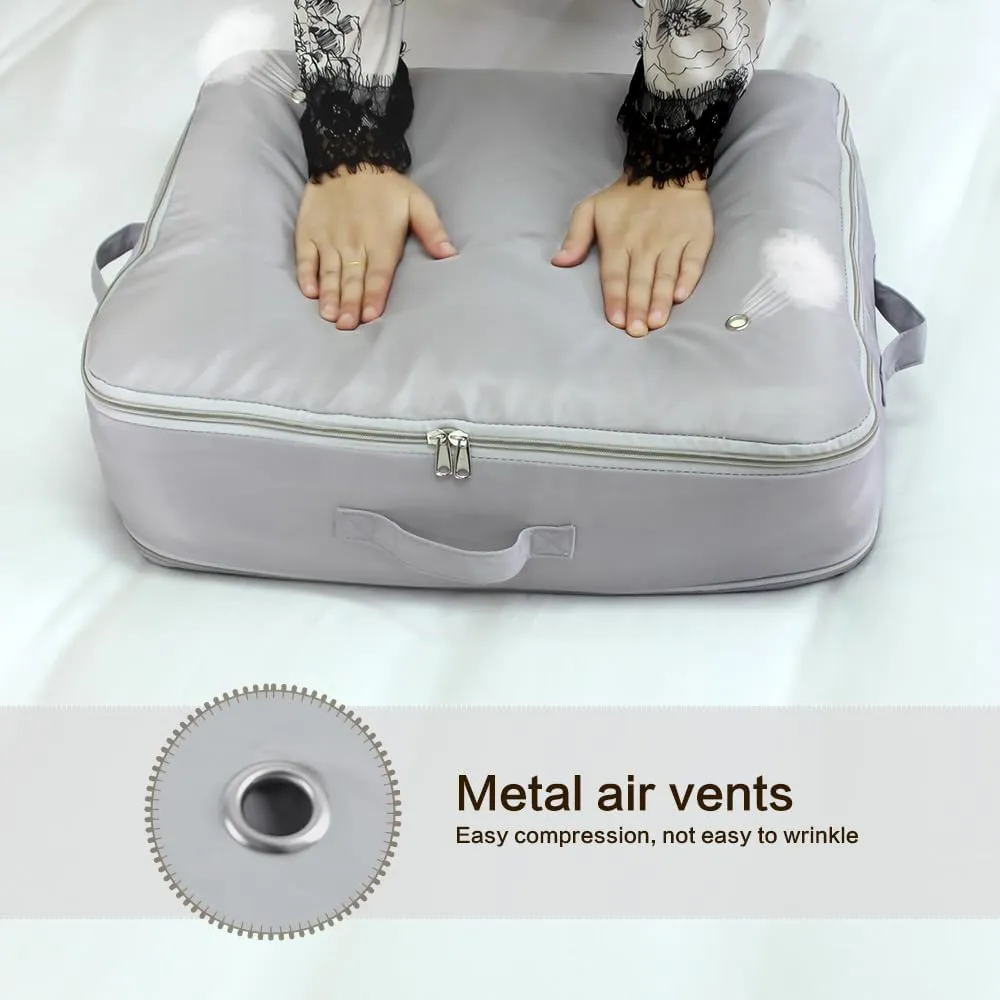 Self Compression Storage Bags with Zipper, (Grey) - Heavy Duty Fabric Space Saver for Blankets, Comforters & Clothes - No Vacuum Needed, Foldable & Reusable for Home & Dorm Organization