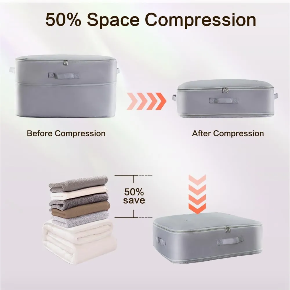 Self Compression Storage Bags with Zipper, (Grey) - Heavy Duty Fabric Space Saver for Blankets, Comforters & Clothes - No Vacuum Needed, Foldable & Reusable for Home & Dorm Organization