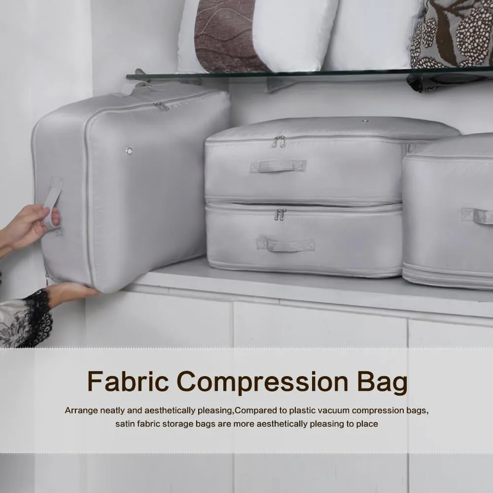 Self Compression Storage Bags with Zipper, (Grey) - Heavy Duty Fabric Space Saver for Blankets, Comforters & Clothes - No Vacuum Needed, Foldable & Reusable for Home & Dorm Organization