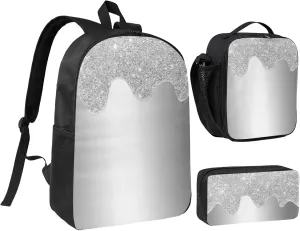 Silver Glitter Drips Metallic Gray 3-Piece Backpack Set – Lightweight backpack, Insulated Lunch Bag & Pencil Case, Durable Oxford for Travel/Work