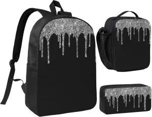 Silver Glitter Drips Sparkle 3-Piece Backpack Set – Lightweight backpack, Insulated Lunch Bag & Pencil Case, Durable Oxford for Travel/Work
