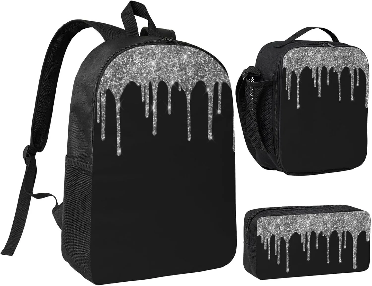 Silver Glitter Drips Sparkle 3-Piece Backpack Set – Lightweight backpack, Insulated Lunch Bag & Pencil Case, Durable Oxford for Travel/Work