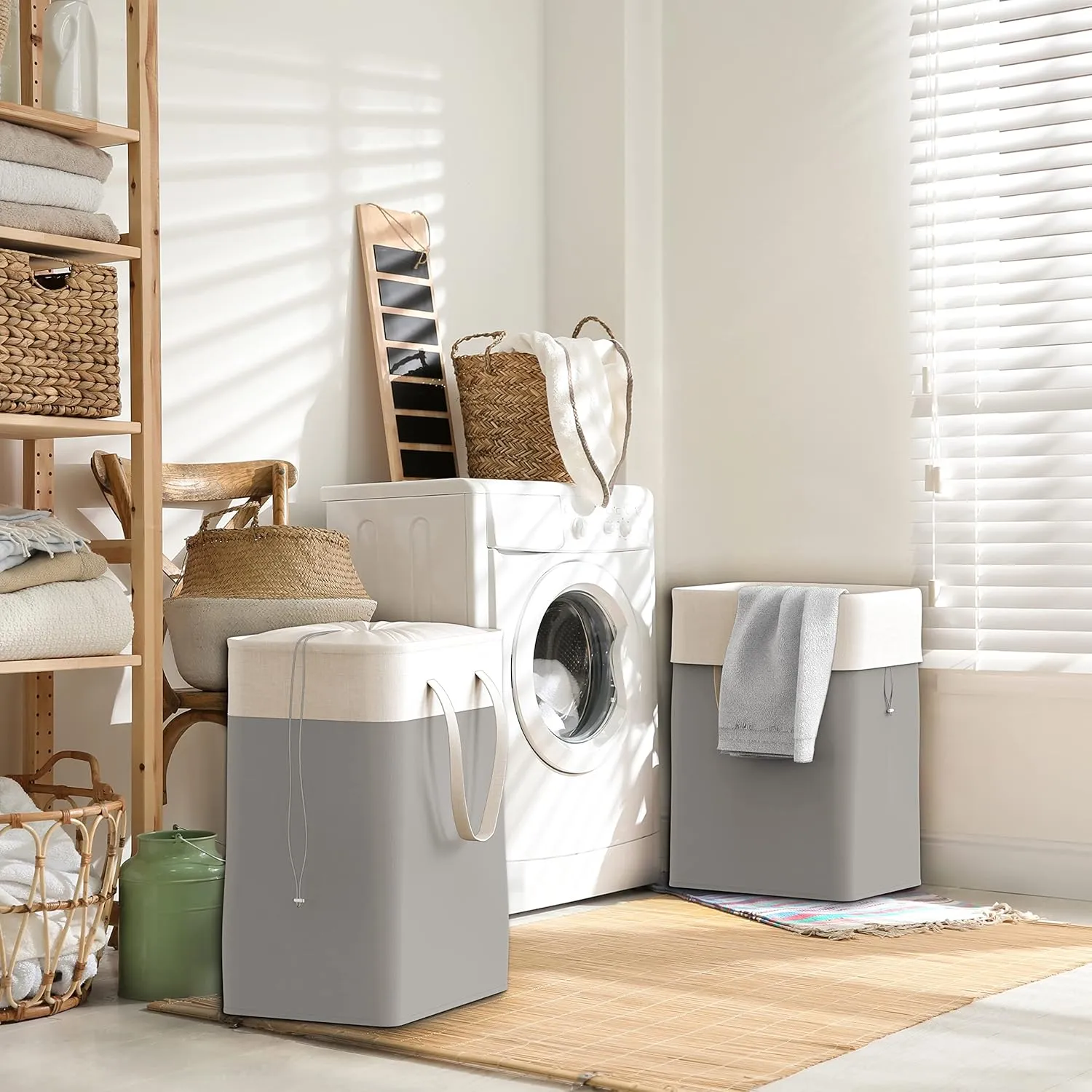 Simple Houseware 75L Collapsible Laundry Hamper, Rectangle Cotton Basket with Drawstring Closure and Handles, Gray