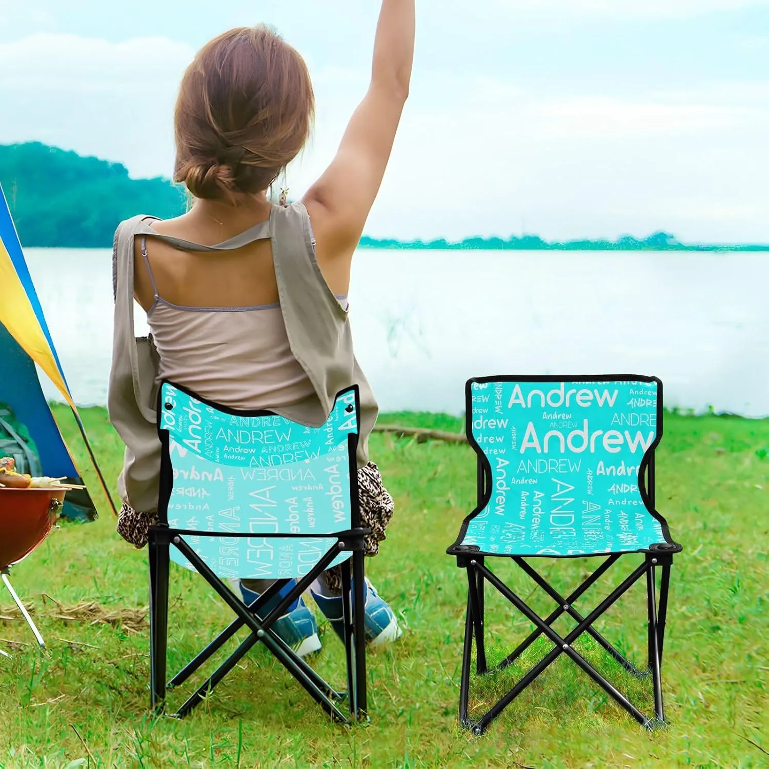 Sinestour Cyan Custom Folding Camping Chair for Teen Child Personalized Name 14.6×14.6in Portable Outdoor Chair with Carry Bag for Travel Picnic Barbeques
