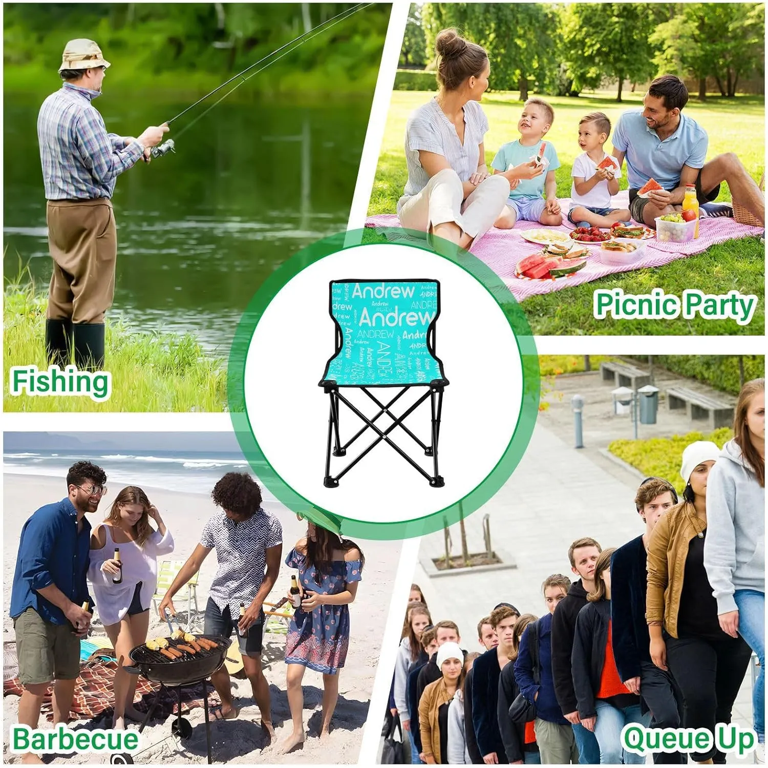 Sinestour Cyan Custom Folding Camping Chair for Teen Child Personalized Name 14.6×14.6in Portable Outdoor Chair with Carry Bag for Travel Picnic Barbeques
