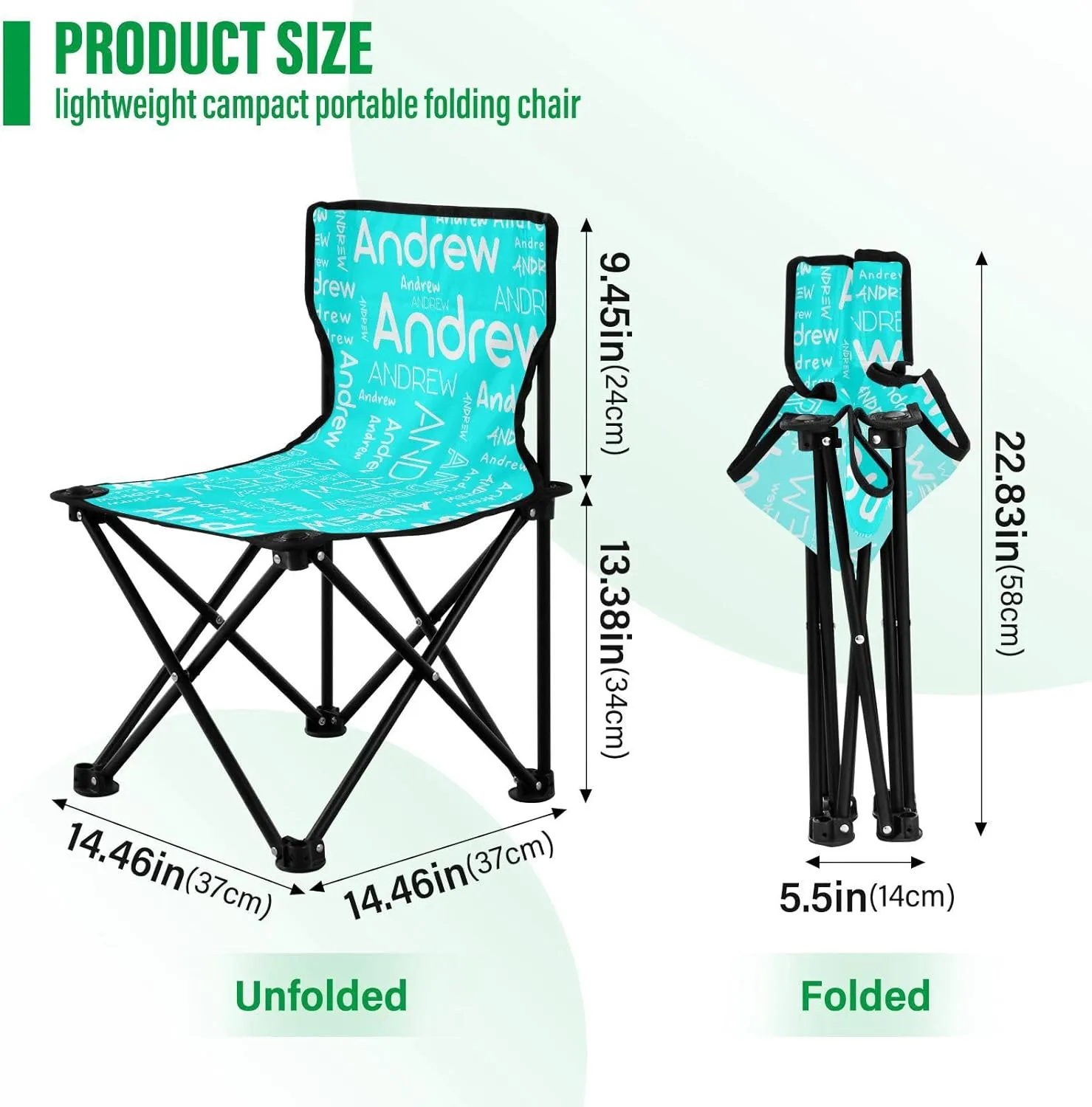Sinestour Cyan Custom Folding Camping Chair for Teen Child Personalized Name 14.6×14.6in Portable Outdoor Chair with Carry Bag for Travel Picnic Barbeques
