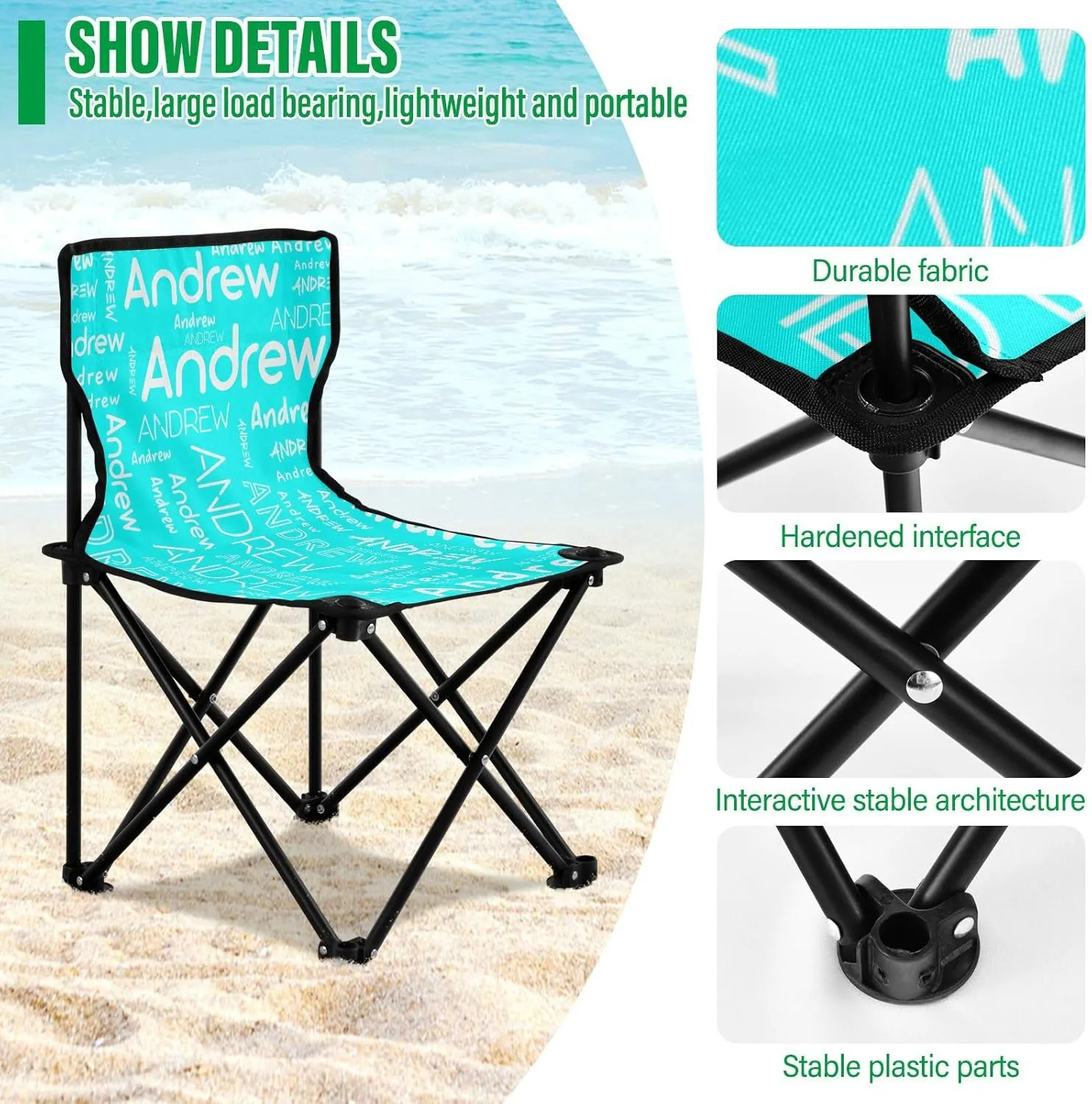 Sinestour Cyan Custom Folding Camping Chair for Teen Child Personalized Name 14.6×14.6in Portable Outdoor Chair with Carry Bag for Travel Picnic Barbeques