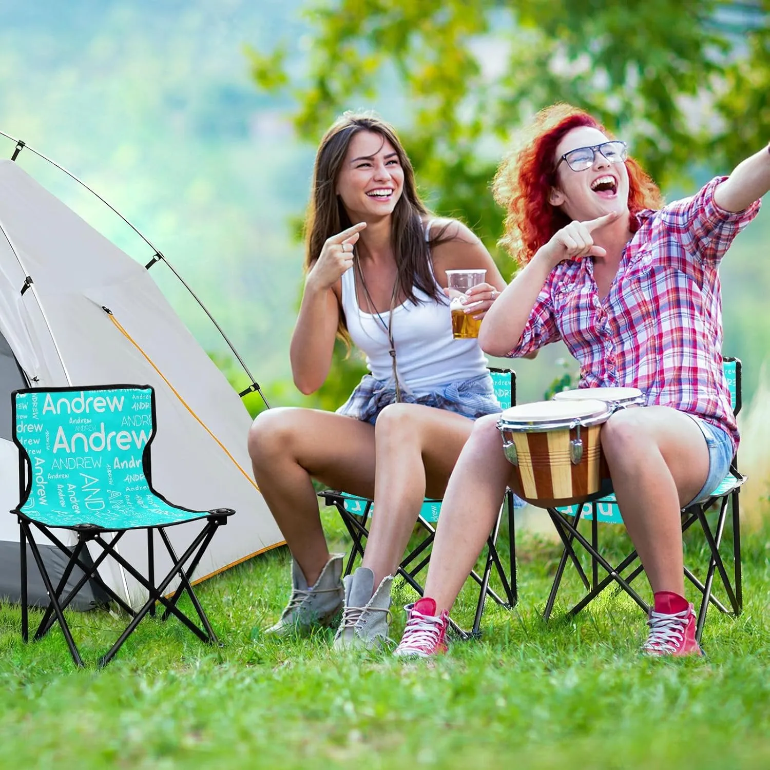 Sinestour Cyan Custom Folding Camping Chair for Teen Child Personalized Name 14.6×14.6in Portable Outdoor Chair with Carry Bag for Travel Picnic Barbeques