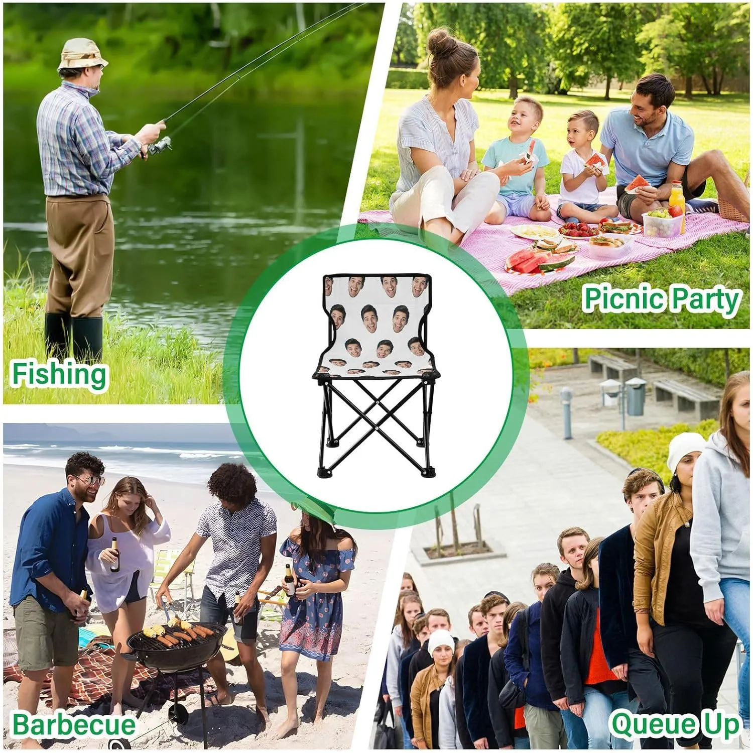 Sinestour White Custom Folding Camping Chair Personalized Photo Face Outdoor Chair with Carry Bag for Travel Barbeques Picnic